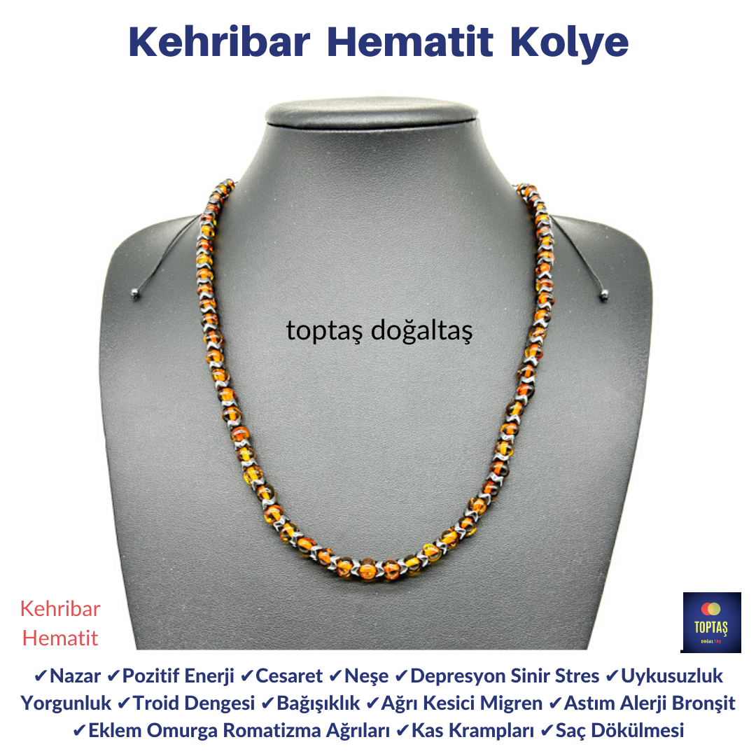 Damla Kehribar Ve Hematit Kolye 2 Damla Kehribar Ve Hematit Kolye